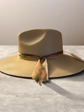 Stetson Wide-Brim Straw Hat in Tan with Multicolor Scarf